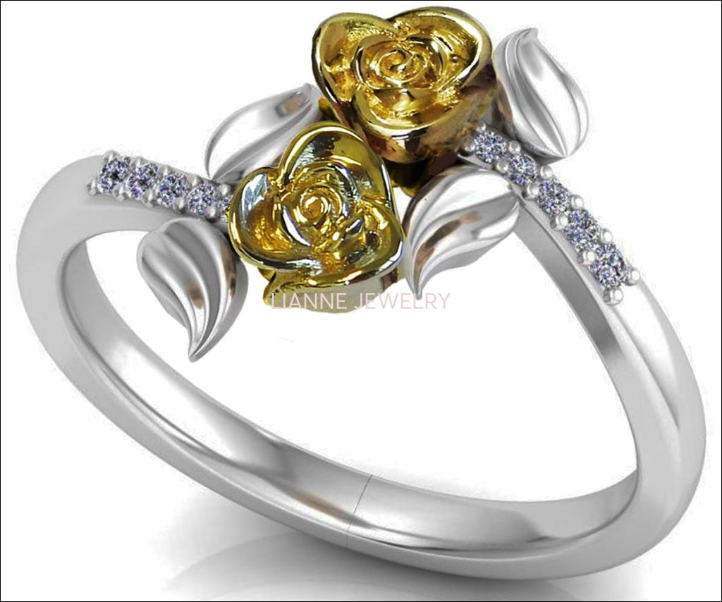 2nd Anniversary Ring Two Yellow Roses Forever Ring Leaves Ring Unique Diamond Ring Art Nouveau Floral ring Anniversary Gift - Lianne Jewelry