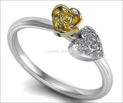 Ultimate Yellow Flower Engagement Ring Two Tone Yellow & White Heart Ring Minimalist Floral ring Birthday Gift For Her Love Gift - Lianne Jewelry