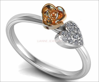 Solitaire Heart and Flower Thin Love Ring, 2 Tone Rose & White Flower Ring Girls Ring Promise Ring - Lianne Jewelry