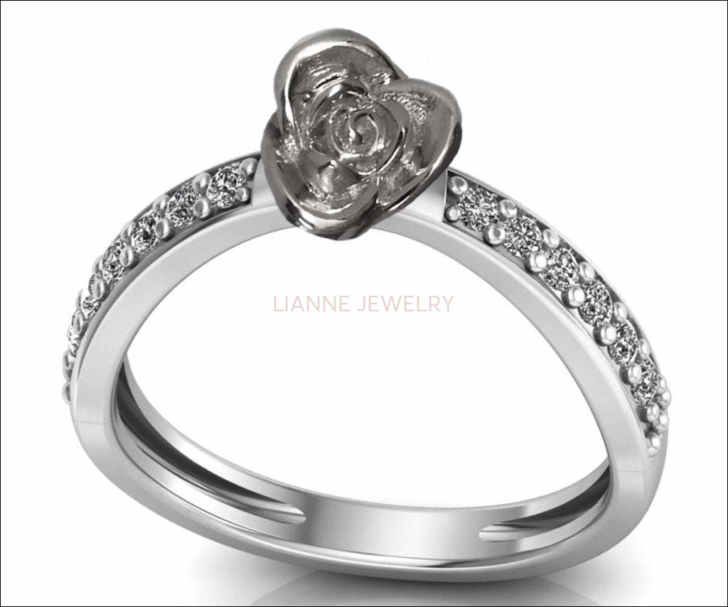 Engagement Ring White Gold Contour Love Flower Curved 18K Ring Rose Gold with Side Diamonds Floral ring Birthday Gift For Her graduation - Lianne Jewelry