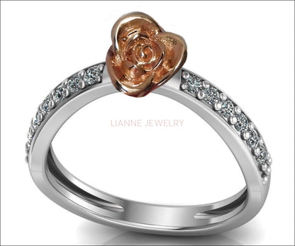 Unique Engagement Ring Curved Rose Flower Ring Contour Ring Dainty Promise Ring with Side Diamonds Floral ring For Her Gift - Lianne Jewelry