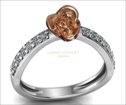 Unique Engagement Ring Curved Rose Flower Ring Contour Ring Dainty Promise Ring with Side Diamonds Floral ring For Her Gift - Lianne Jewelry