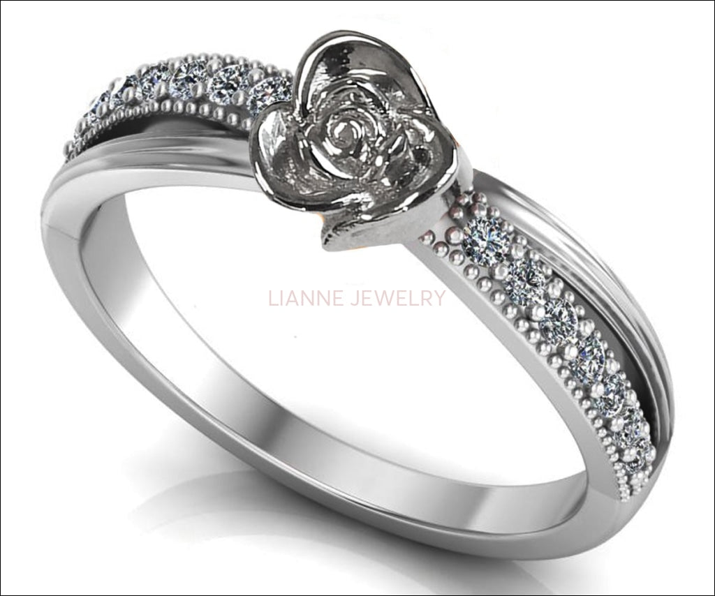 Flower Engagement Ring White Rose Filigree White Gold Flower Ring Unique Floral Mid Century Birthday Gift For Her Gift - Lianne Jewelry