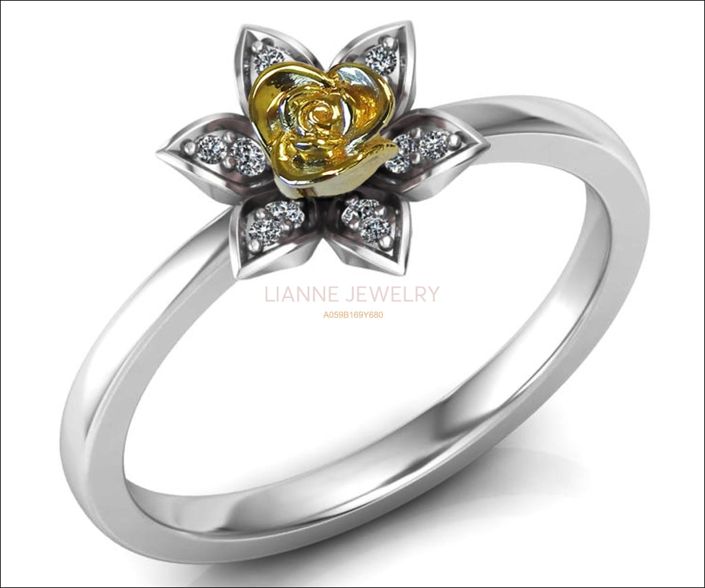 Unique Engagement Ring, Back to school Two Tone Yellow Rose & White Band, Flower Ring, Leaves Ring, Art Nouveau Floral ring, Birthday Gift - Lianne Jewelry