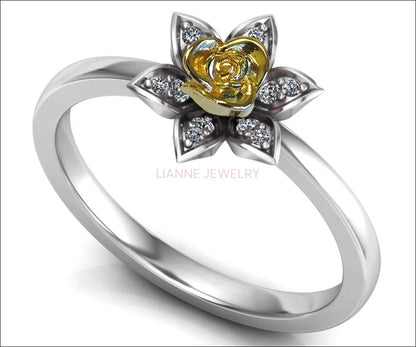 Unique Engagement Ring, Back to school Two Tone Yellow Rose & White Band, Flower Ring, Leaves Ring, Art Nouveau Floral ring, Birthday Gift - Lianne Jewelry