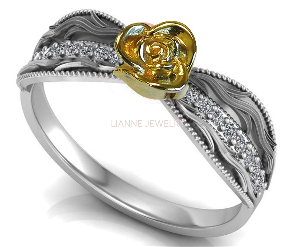 Engagement Ring Two Tone Yellow & White Flower Ring Leaves Ring Unique Must have Art Nouveau Floral ring Birthday Gift For Gift - Lianne Jewelry