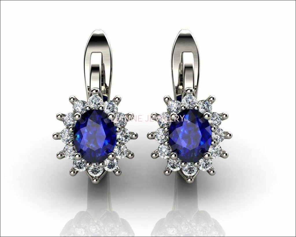 Leverback Earrings Blue Sapphire Oval Shape Sapphires Avant Garde Wedding Earrings White Gold Earrings Art Nouveau Earrings in 14K 18K - Lianne Jewelry