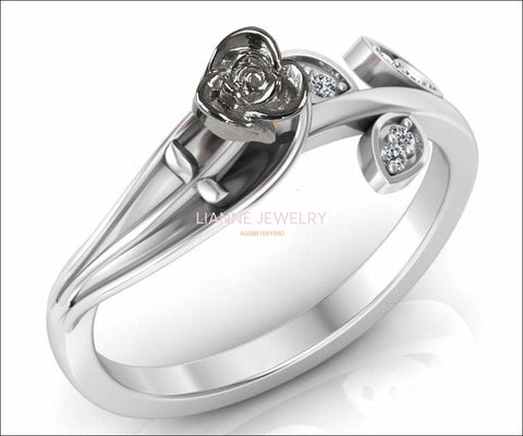 18K Unique Leaf Engagement Ring, White Gold Rose Flower Ring, Love Ring with Diamonds, Floral ring, Birthday Gift For Her, Gift - Lianne Jewelry