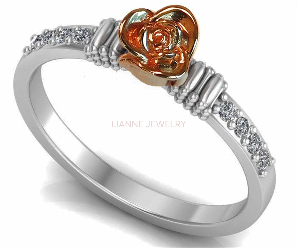 Unique Rose Engagement Ring, Two Tone Flower Ring 18K Promise Ring with Rose Gold Rose and Side Diamonds Floral Birthday Gift - Lianne Jewelry