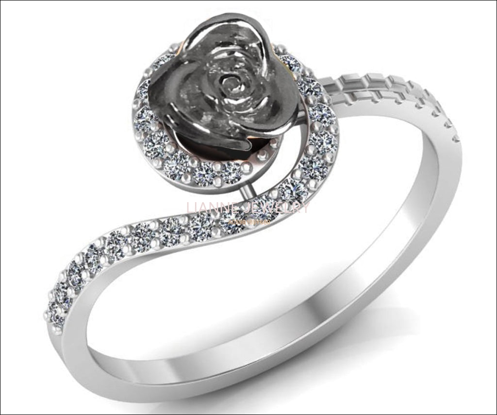 Swirl Ring with Rose Flower Thin Ring, Engagement Ring, 18K Unique Diamond Celtic Ring - Lianne Jewelry