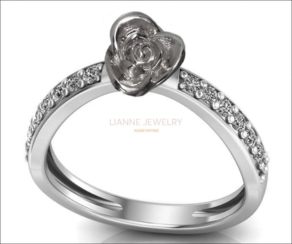 Silver Flower Engagement Ring - Diamond Engagement Ring - Floral Ring - Natural Diamonds - Nature Inspired Ring - Lianne Jewelry