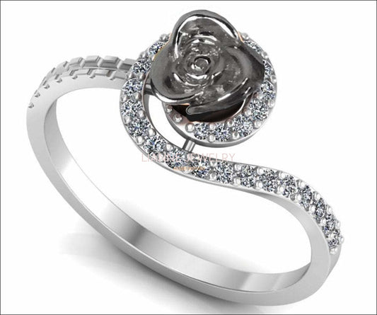 Twist Silver Flower Ring Love Ring Rose Floral Ring Promise Ring Unique Engagement Ring with Side Diamonds Valentine's Ring - Lianne Jewelry