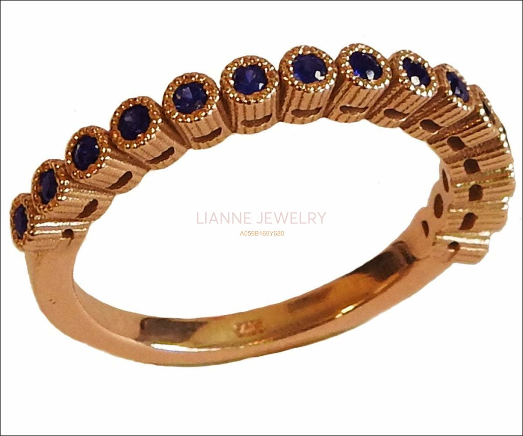 Rose Gold Band Blue Milgrain, Sapphire Wedding band Ring Gold Band, Blue Sapphire Gold Ring, Natural Sapphire Band, Blue Sapphire Ring - Lianne Jewelry