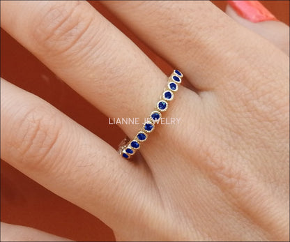 Gold Stacking Ring, Gift for 15th Anniversary, Sapphire band ring, Milgrain Wedding Eternity Band, Eternity Ring, September Birthstone - Lianne Jewelry