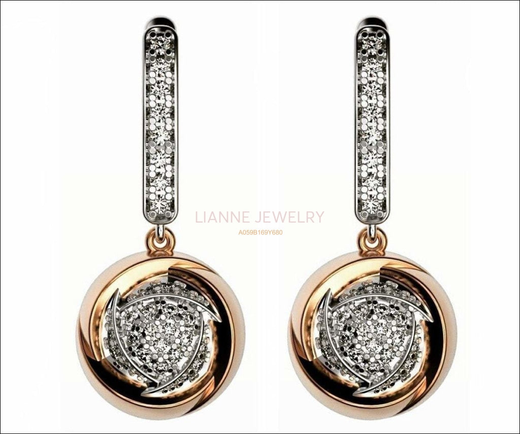 Anniversary Gift 2 Tone Dangle Circle Leverback 14K Diamond Earrings Round Hanging Pave Earrings Wedding Earrings Diamond Round Earrings - Lianne Jewelry