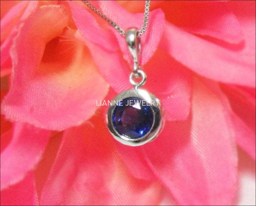 Sapphire Circle Pendant, Blue Pendant, Royal Blue, 14K White gold pendant, September Birthstone, Engagement Gift - Lianne Jewelry