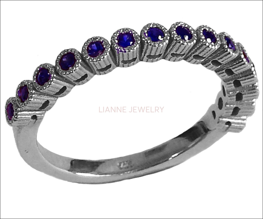 Silver Stacking Ring Wedding Band Blue Band 15th Anniversary Filigree Silver 15 Natural Sapphires Eternity Ring 15 Birthday September Stone - Lianne Jewelry