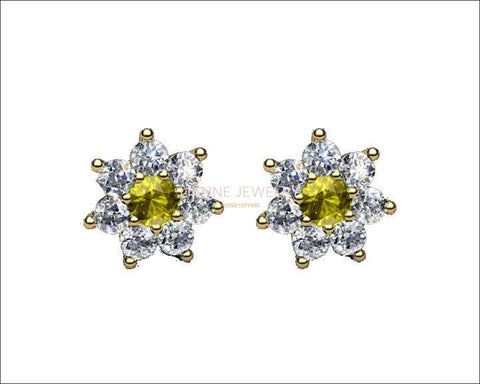 Botanical Earrings Yellow Stud Earrings Earrings Yellow Sapphire studs Flower Earrings Cluster Earrings 14 or 18K Yellow Rose or White gold - Lianne Jewelry