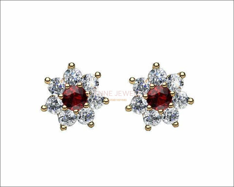 Botanical Floral earrings Ruby Earrings Flower Earrings Cluster Earrings 14 or 18K Yellow Rose White gold - Lianne Jewelry