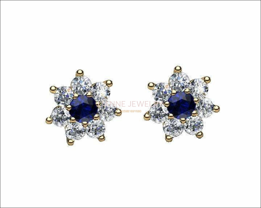 Sapphire and Diamond Flower Earrings in Solid Gold 14K Blue Stud Earring Stud Earrings, Sunflower Earrings - Lianne Jewelry