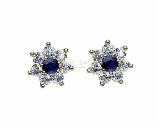 Sapphire and Diamond Flower Earrings in Solid Gold 14K Blue Stud Earring Stud Earrings, Sunflower Earrings - Lianne Jewelry