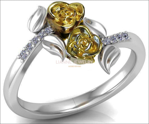2 Tone Gold 2 Flowers Leaves Ring, Yellow & White Floral Ring, Promise Ring Unique Engagement Ring with Side Diamonds - Lianne Jewelry