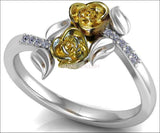 2 Tone Gold 2 Flowers Leaves Ring, Yellow & White Floral Ring, Promise Ring Unique Engagement Ring with Side Diamonds - Lianne Jewelry