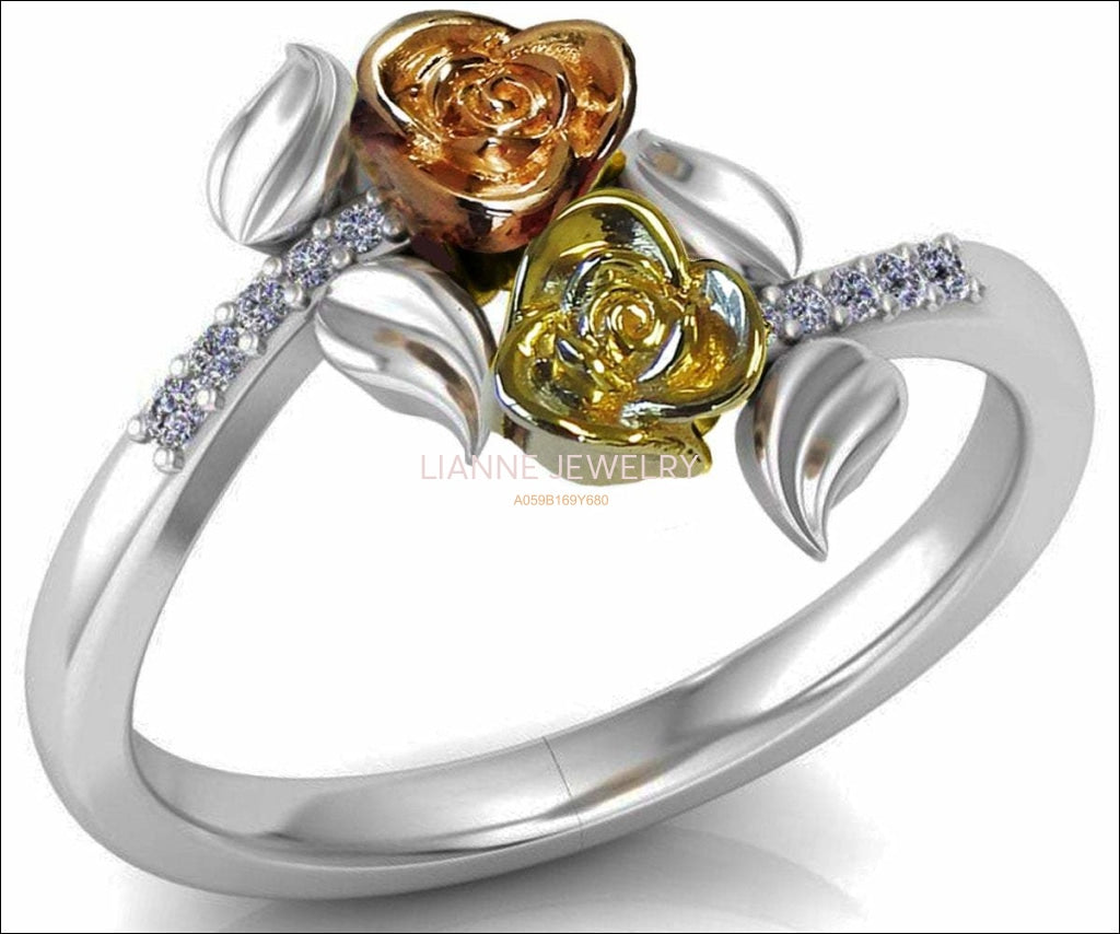 Leaves Ring Two Tone Yellow & Rose Promise Ring Unique Engagement Ring with Side Diamonds Floral ring Birthday Gift For Her - Lianne Jewelry