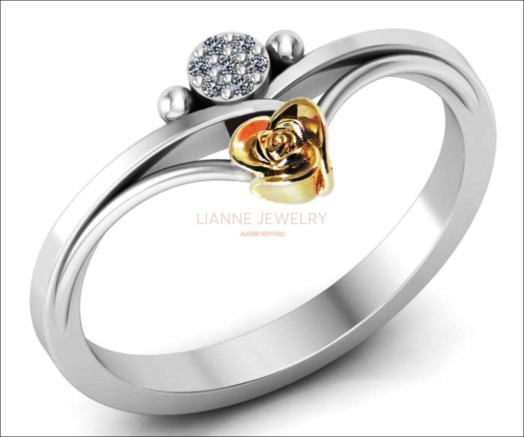 Girls Ring in 18K Two Tone Yellow & White Contour shank with Yellow Flower - Lianne Jewelry