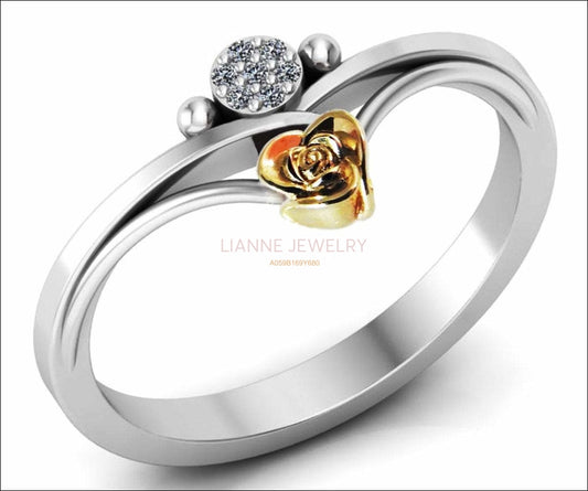 Girls Ring in 18K Two Tone Yellow & White Contour shank with Yellow Flower - Lianne Jewelry