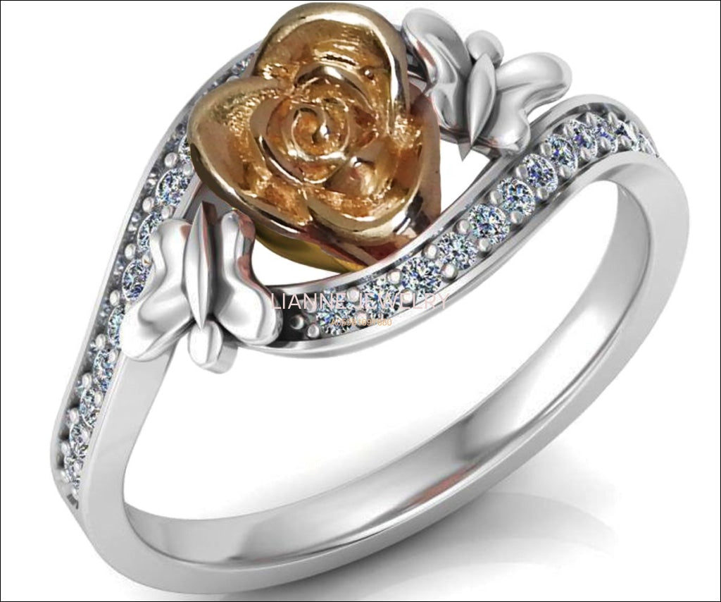 Unique Engagement Ring, Floral Ring, 2 Tone Rose Promise Ring, Rose Flower in Center, White gold - Lianne Jewelry