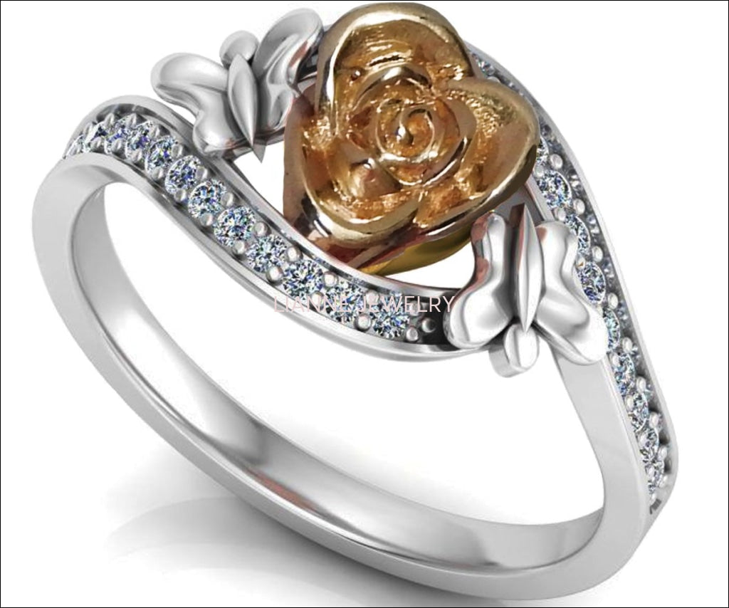 Unique Engagement Ring, Floral Ring, 2 Tone Rose Promise Ring, Rose Flower in Center, White gold - Lianne Jewelry