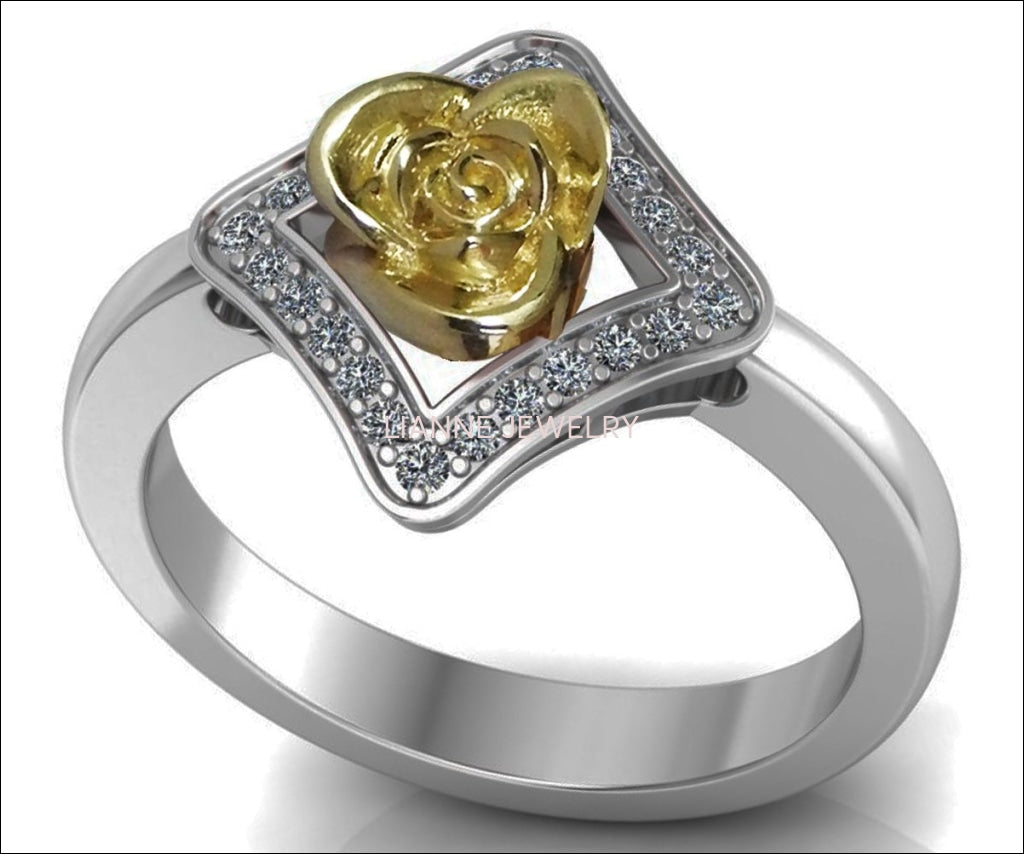 2 Tone Gold Square Flower Pave Diamond Ring, Unique Engagement Ring - Lianne Jewelry