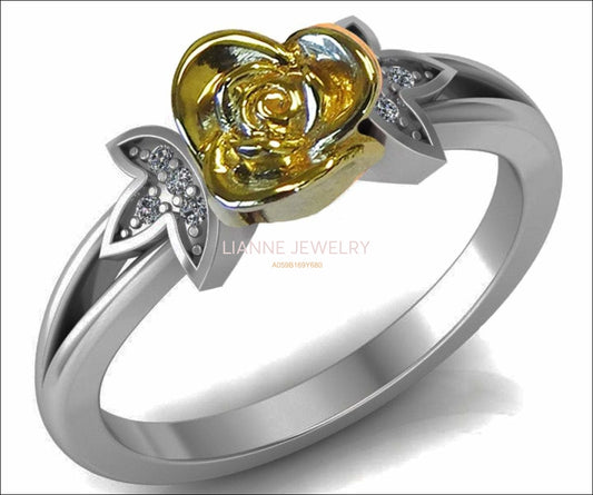 Superb Infinity Engagement Ring 18K Yellow Rose Edwardian Floral ring Flower Ring in White Gold Leaves Ring Edwardian Floral ring - Lianne Jewelry