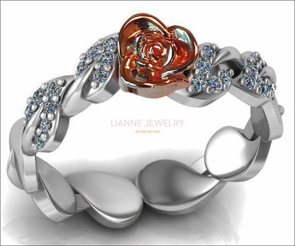 Two Tone Rose & White Gold Flower Ring Lovers Ring Unique Bella Ring with Side Diamonds Floral ring Birthday Gift For Her - Lianne Jewelry