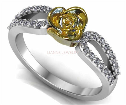 Art Nouveau Two Tone Yellow & White  Back to school Flower Ring Leaves Ring Unique Engagement Ring Floral ring Birthday Gift For Her - Lianne Jewelry