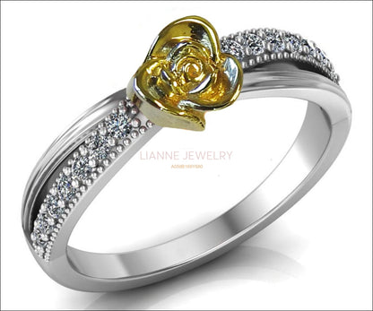 Yellow Rose Engagement Ring Two Tone Yellow & White Flower Ring Leaves Ring Art Nouveau Floral ring Birthday Gift For Her Gift - Lianne Jewelry