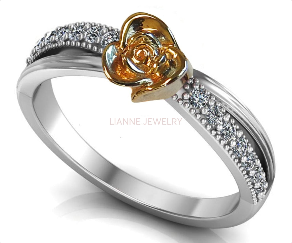 Rose Flower Contour Engagement Ring Rose and White Flower Ring Promise Ring Dainty Ring Side Diamonds Floral ring Birthday - Lianne Jewelry