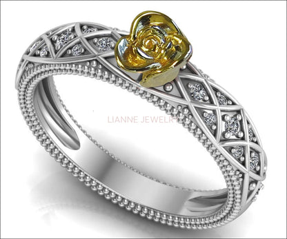 Birthday Gift Back to school Filigree Ring Yellow Minimalist Flower Ring in 18K White Gold Milgrain Floral ring Birthday Gift For Her - Lianne Jewelry