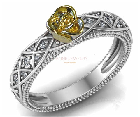 Birthday Gift Back to school Filigree Ring Yellow Minimalist Flower Ring in 18K White Gold Milgrain Floral ring Birthday Gift For Her - Lianne Jewelry