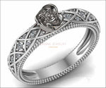 Milgrain Engagement Ring, White Gold Flower Ring, Promise Ring, Unique Engagement Ring, with Side Diamonds, Floral ring, Birthday Gift - Lianne Jewelry