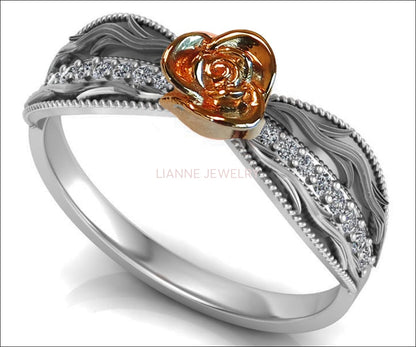 Two Tone Rose & White Flower Ring Promise Ring Unique Engagement Ring with Side Diamonds Floral ring Birthday Gift For Her Gift - Lianne Jewelry