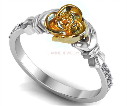 Flower Unique Floral Engagement Ring Two Tone Yellow & White Flower Ring - Lianne Jewelry