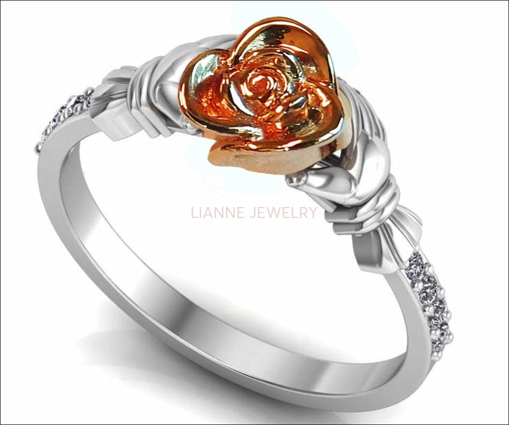 Two Tone Flower Rose Engagement Ring 18K White Diamond Ring Flower Ring Floral ring Birthday Gift For Her Gift - Lianne Jewelry