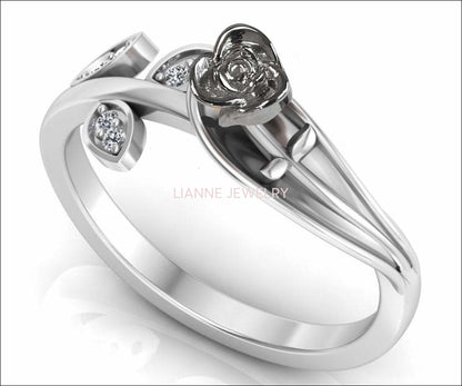 18K Unique Leaf Engagement Ring, White Gold Rose Flower Ring, Love Ring with Diamonds, Floral ring, Birthday Gift For Her, Gift - Lianne Jewelry