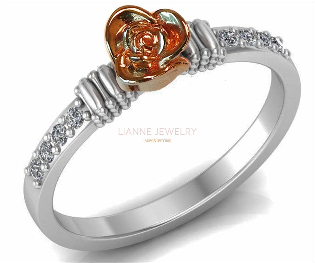 Unique Rose Engagement Ring, Two Tone Flower Ring 18K Promise Ring with Rose Gold Rose and Side Diamonds Floral Birthday Gift - Lianne Jewelry