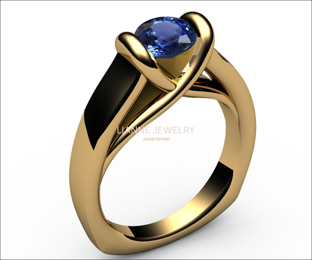 Sapphire Ring Unique Engagement Ring Solitaire Ring Bar setting Tension Heavy Ring 18K Yellow Gold as Gift for Christmas for Her - Lianne Jewelry