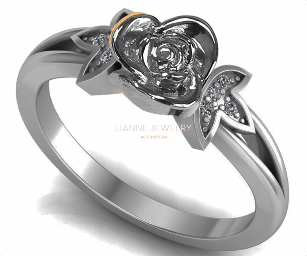 Silver Love Ring Flower Ring Promise Ring Unique Engagement Ring with Side Diamonds Floral ring Birthday Gift For Her - Lianne Jewelry