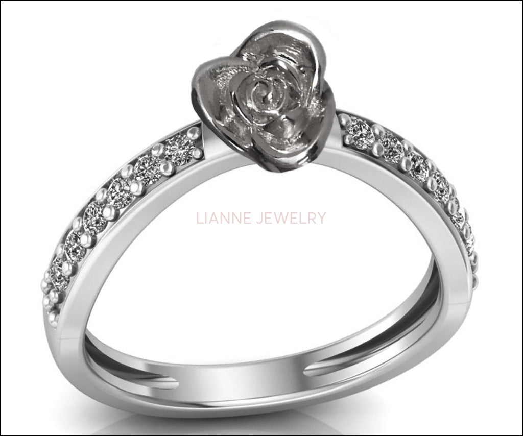 Silver Flower Engagement Ring - Diamond Engagement Ring - Floral Ring - Natural Diamonds - Nature Inspired Ring - Lianne Jewelry