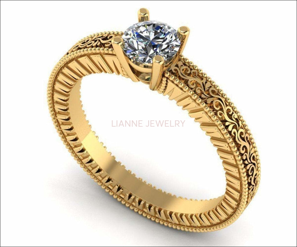 Diamond Solitaire Ring Unique Engagement ring Milgrain Filigree Ring 18K White Gold Engagement Gift - Lianne Jewelry